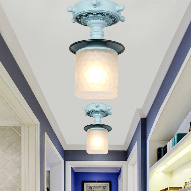 Cilindro de vidrio esmerilado Semi Flush Luz modernista 1 Luz de techo de luz con dosel de timón en verde/blanco