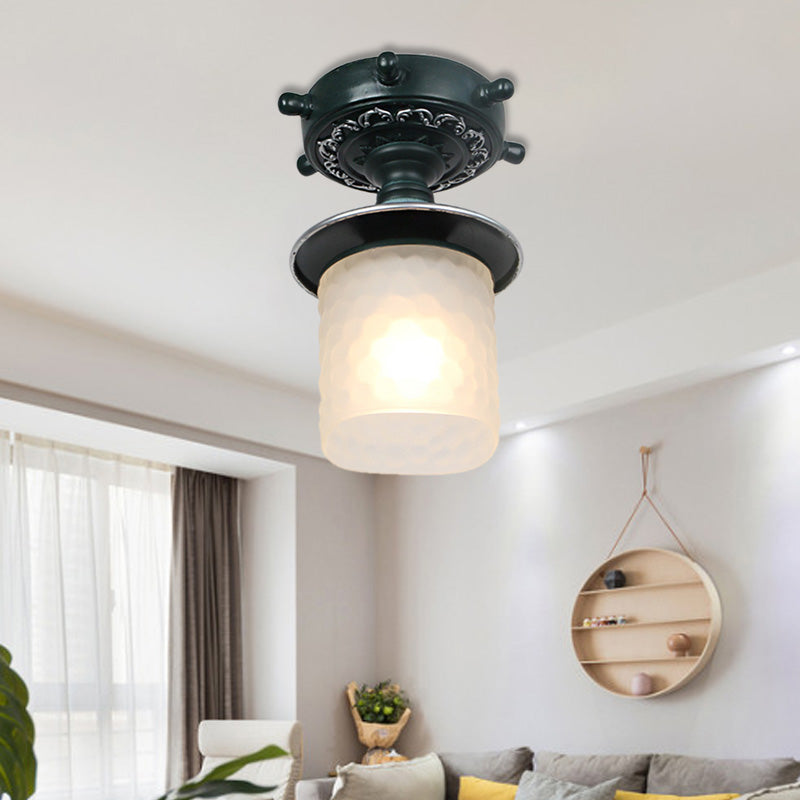 Zugesperrtes Glaszylinder halb Flush Light Moderne 1 Licht Deckenleuchte mit Ruderdach in Grün/Weiß