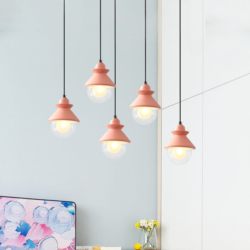 Black/Pink Conical Hanging Ceiling Light Macaron Style 1 Bulb Metal Pendant Lamp with Double Glass Shade