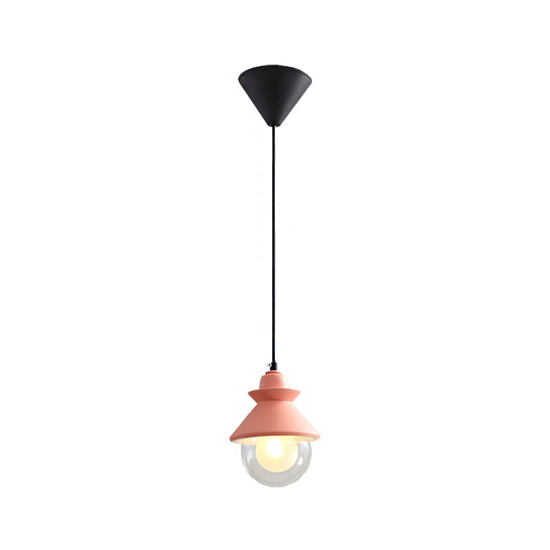 Black/Pink Conical Hanging Ceiling Light Macaron Style 1 Bulb Metal Pendant Lamp with Double Glass Shade