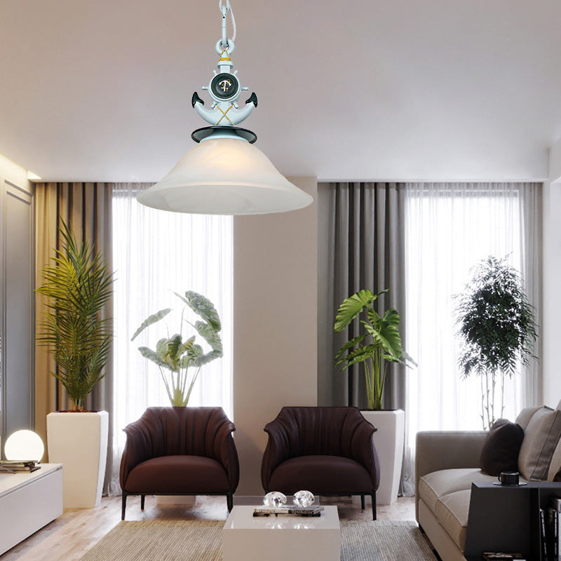 Bell Opalglas hängend hängendem Licht modernistischer Stil 1 Kopf Blau/Weiß Finish Anhänger Beleuchtung mit Anker -Deco
