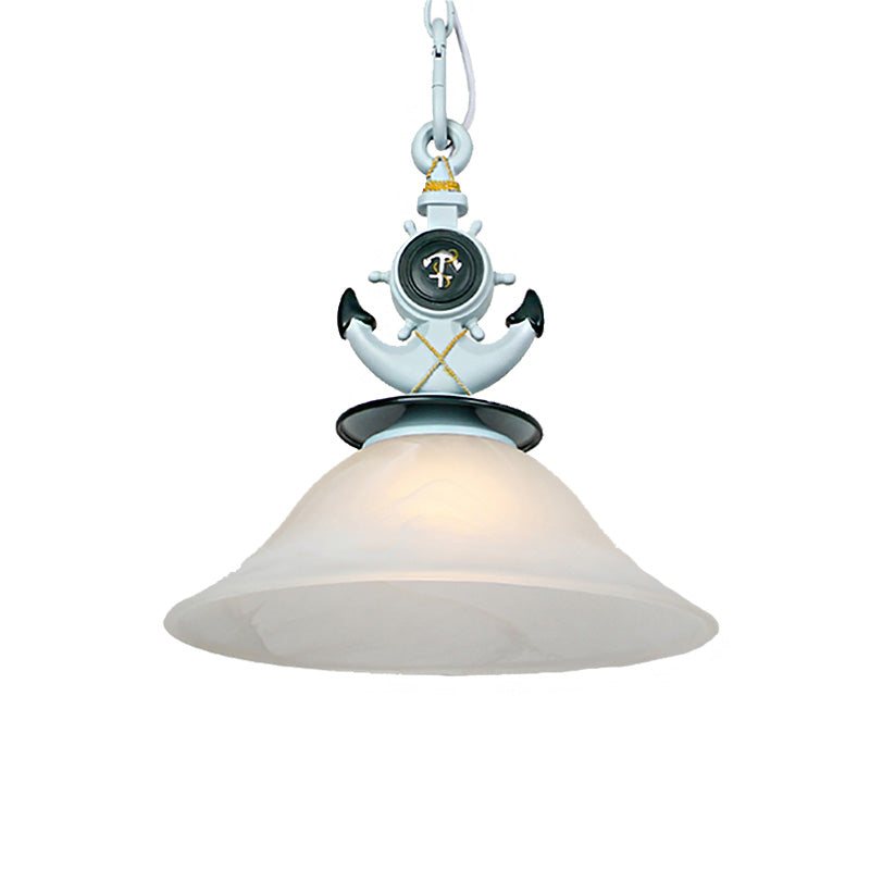 Bell Opal Glass Hanging Light Modernist Style 1 Head Blue/White Finish Pendant Lighting with Anchor Deco