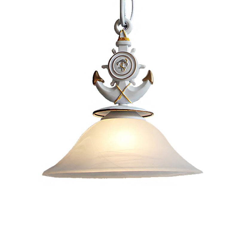 Bell Opal Glass Hanging Light Modernist Style 1 Head Blue/White Finish Pendant Lighting with Anchor Deco