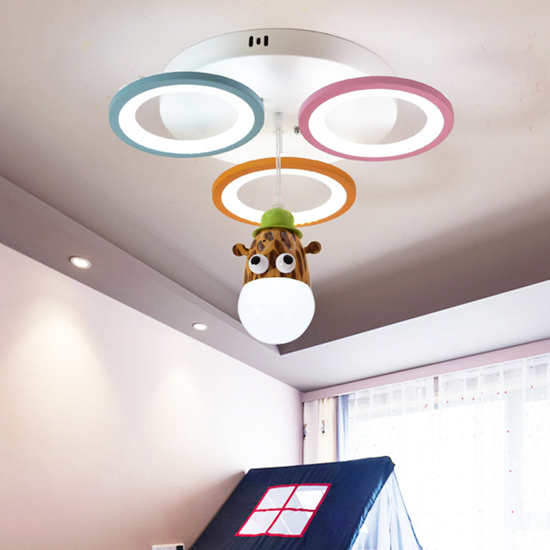 Acrylic Circles Pendant Light Cartoon Style LED White Finish Hanging Lamp with Giraffe/Horse Design for Bedroom