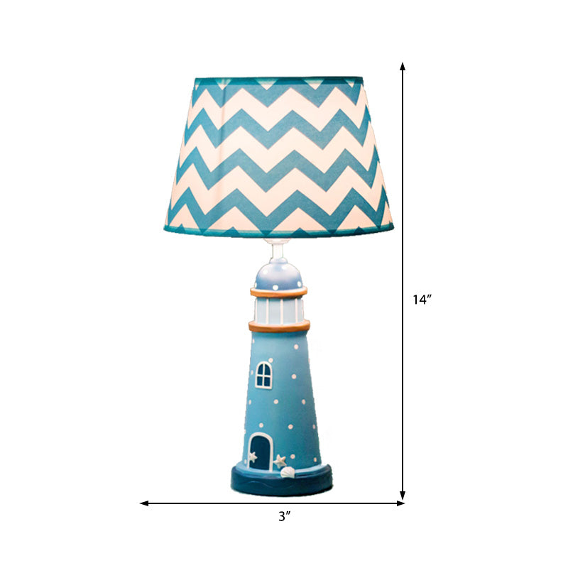 Lighting da tavolo da cono largo 14 "/18" Tessuto in stile cartone animato 1 lampada in piedi a blu chiaro/bianco con base a torre in resina