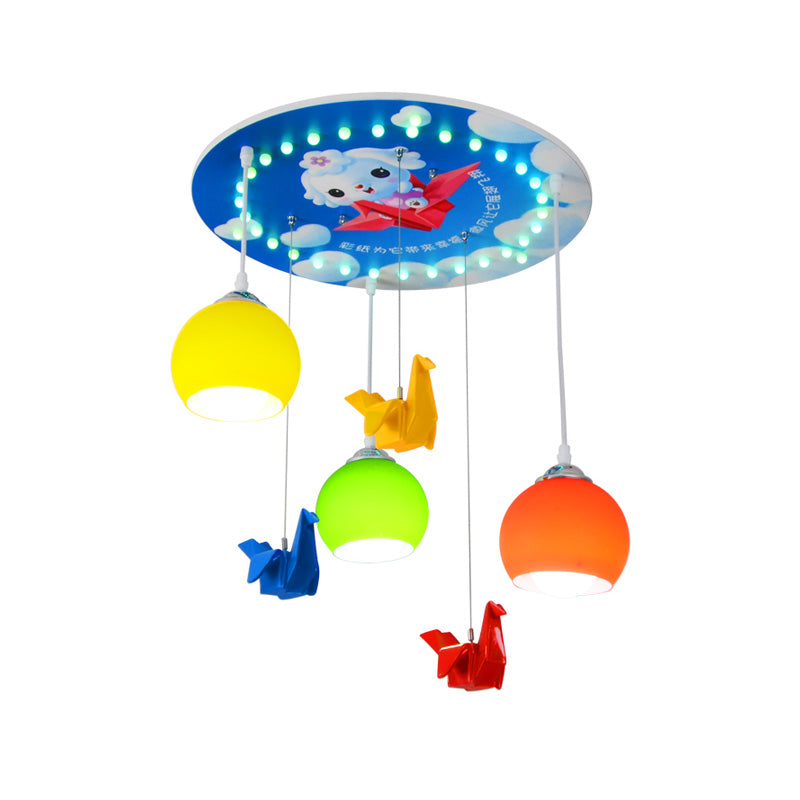 Cartoon Style Domed Pendant Lighting Yellow and Green Glass 3 Light Bedroom Hanging Lamp with Round Canopy in Blue