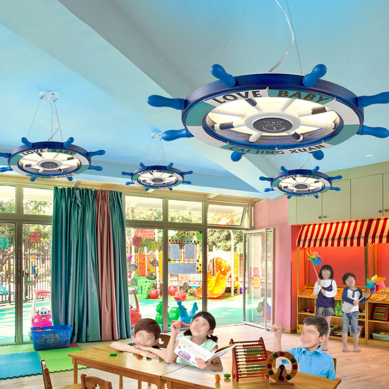 Blue Rudder Shaped Chandelier Lighting Modernist Style LED Wooden Pendant Lamp for Kindergarten