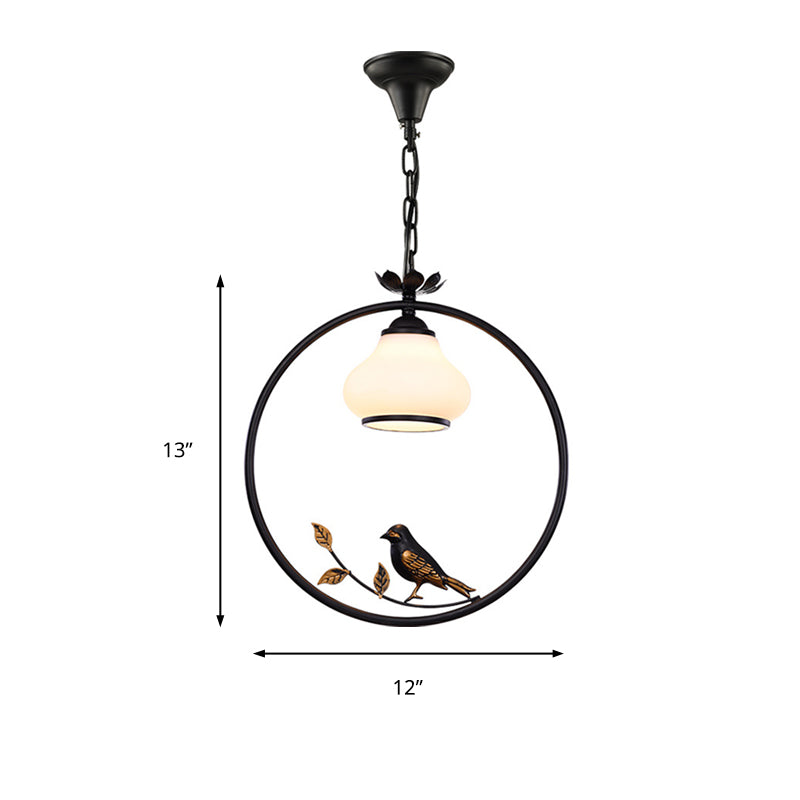 1 Light Bottle Shape Pendant Lighting Traditional Black Metal Hanging Light Fixture with Bird, 12"/16" Wide