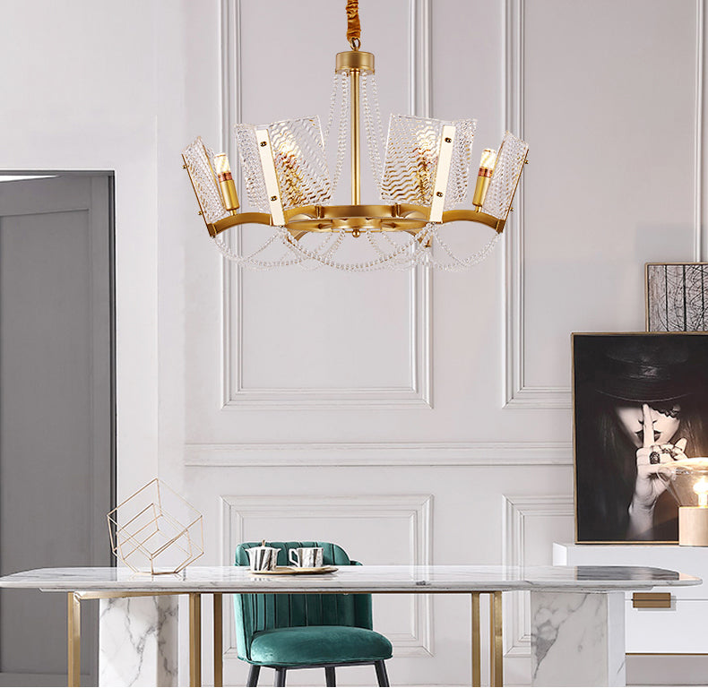 Simplicity Beaded Pendant Chandelier Crystal 6/8 Heads Living Room Hanging Lamp Kit in Brass with Panel Shade