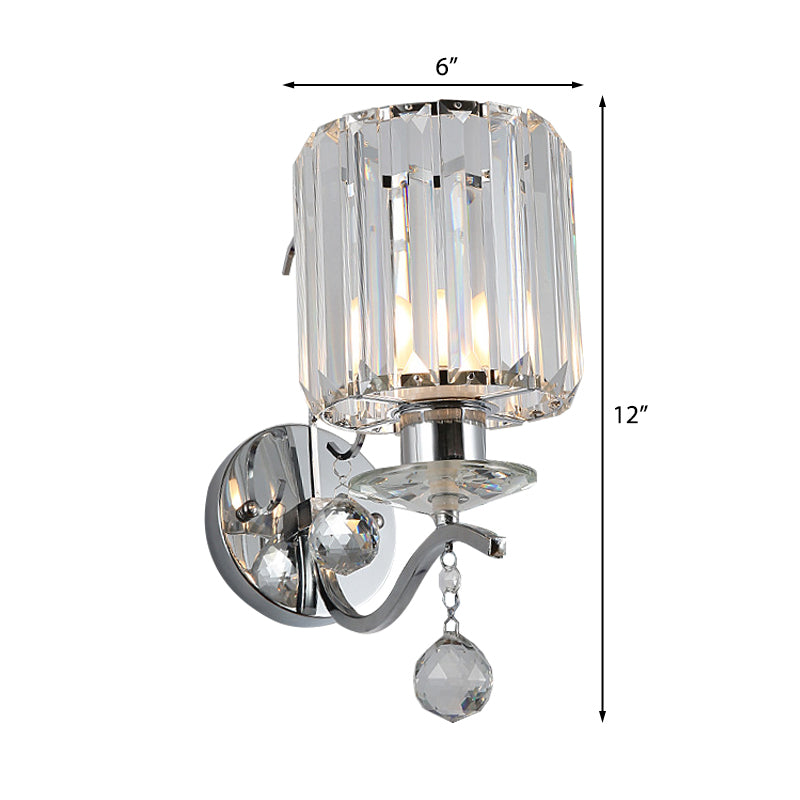 Chrome Cylinder Wall Sconce Modernist 1 Bulb Clear Crystal Wall Lighting with Orbit Drop