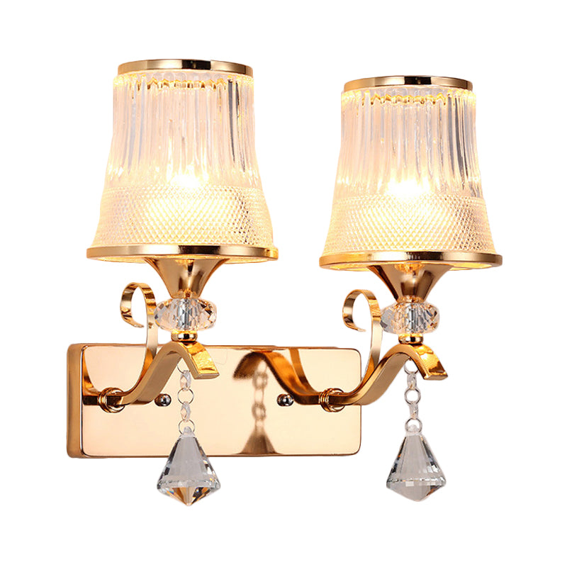Vintage Style Bell Sconce Light Fixture Clear Glass 2 Lights Bedroom Gold Finish Wall Lamp with Crystal Accent