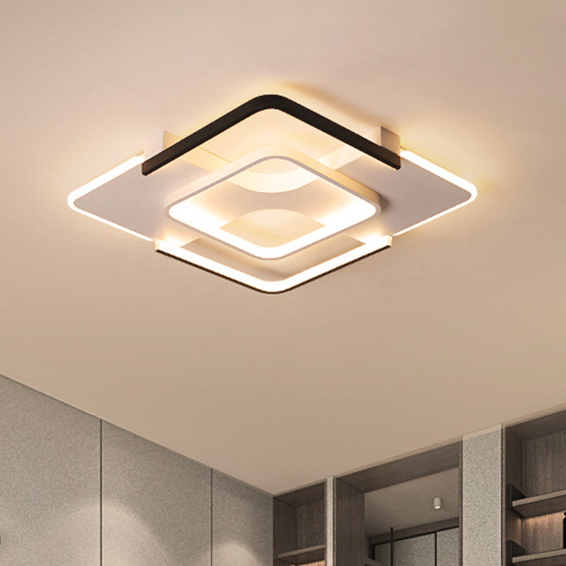 Squared Bedroom Ceiling Flush Light Black-White Metal Contemporary 16"/19.5" Wide LED Flushmount Lighting in Warm/White Light