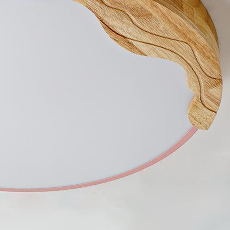Pink Circular Flush Mount Lamp Modern Macaron Style Acrylic LED Ceiling Light Fixture with Wooden Deco, 16"/19.5" Wide