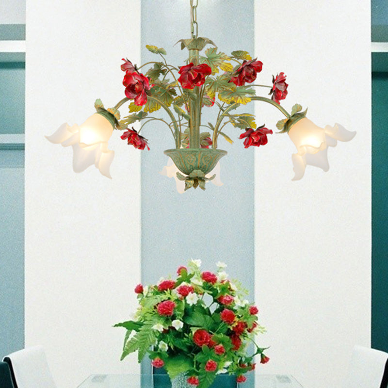 Green Spread Hanging Pendant Pastoral Style Cream Glass 3/5/8-Head Dining Room Flower Chandelier