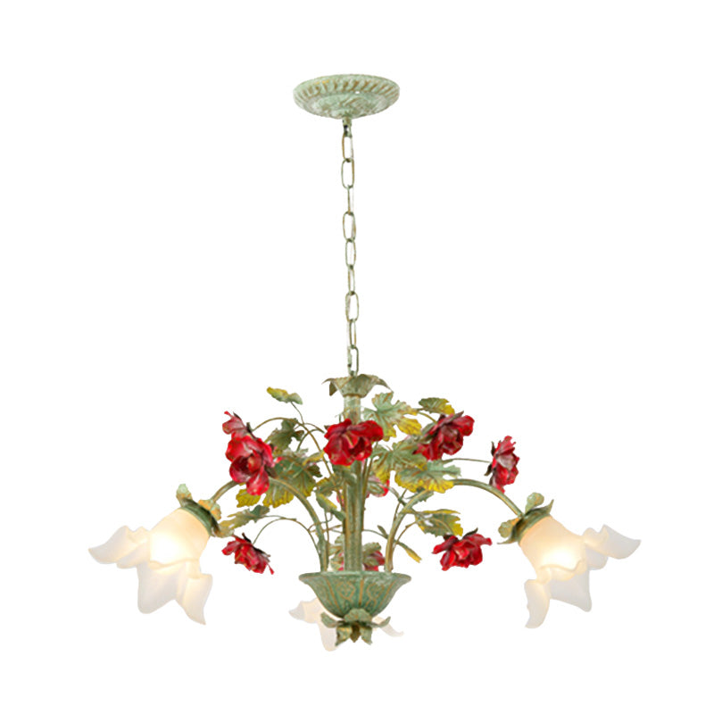 Green Spread Hanging Pendant Pastoral Style Cream Glass 3/5/8-Head Dining Room Flower Chandelier