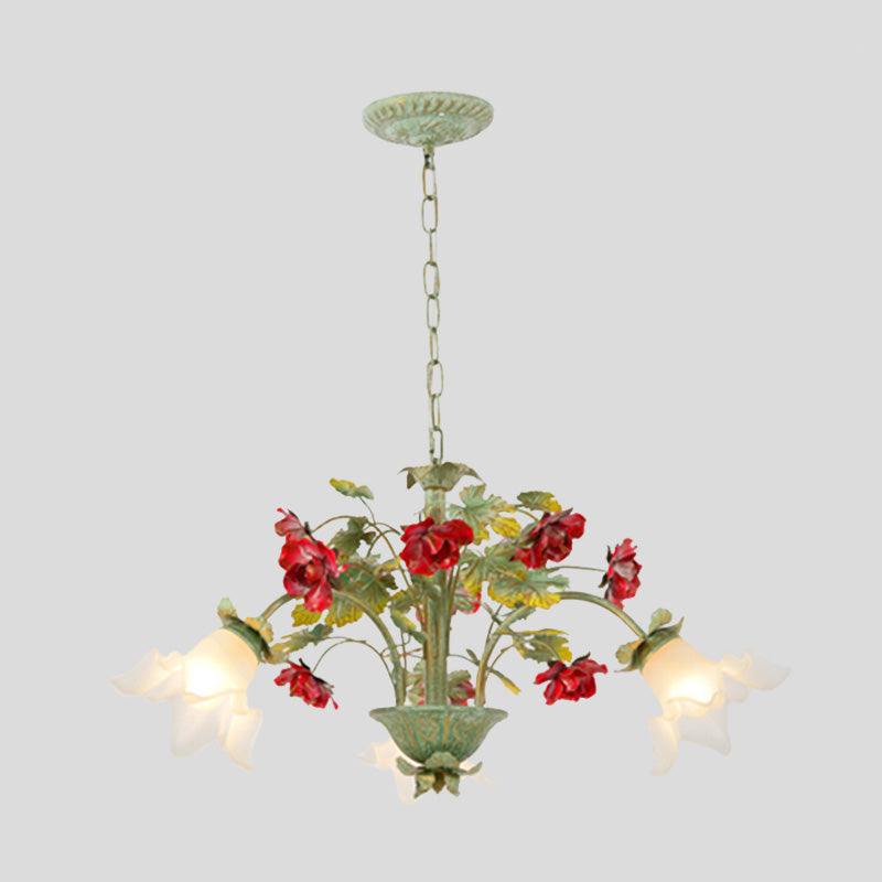 Green Spread Hanging Pendant Pastoral Style Cream Glass 3/5/8-Head Dining Room Flower Chandelier