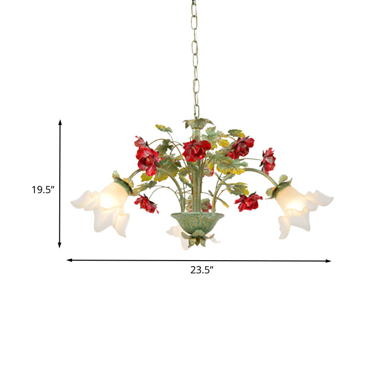 Green Spread Hanging Pendant Pastoral Style Cream Glass 3/5/8-Head Dining Room Flower Chandelier