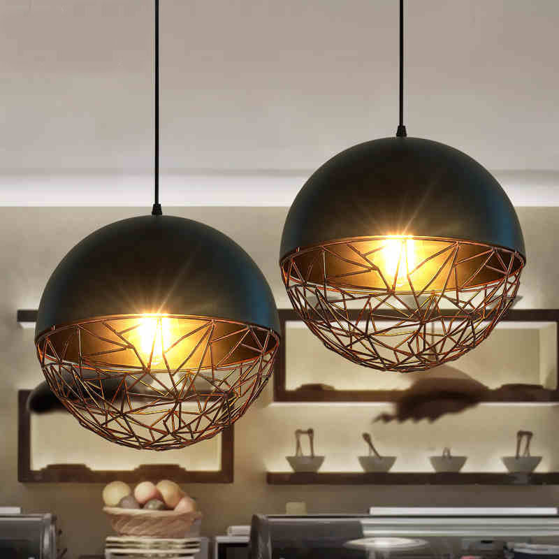 Iron Domed Hanging Ceiling Light Factory 1 Light Dining Room Down Lighting in Black with Wire Cage