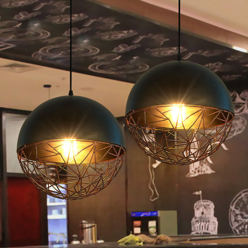 Iron Domed Hanging Ceiling Light Factory 1 Light Dining Room Down Lighting in Black with Wire Cage