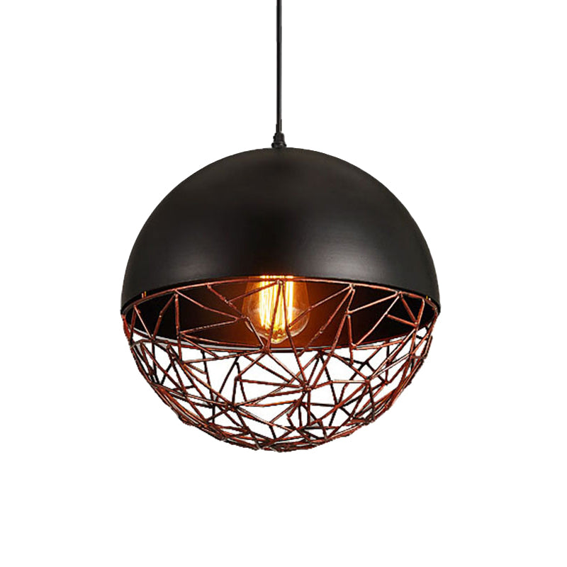 Iron Domed Hanging Ceiling Light Factory 1 Light Dining Room Down Lighting in Black with Wire Cage
