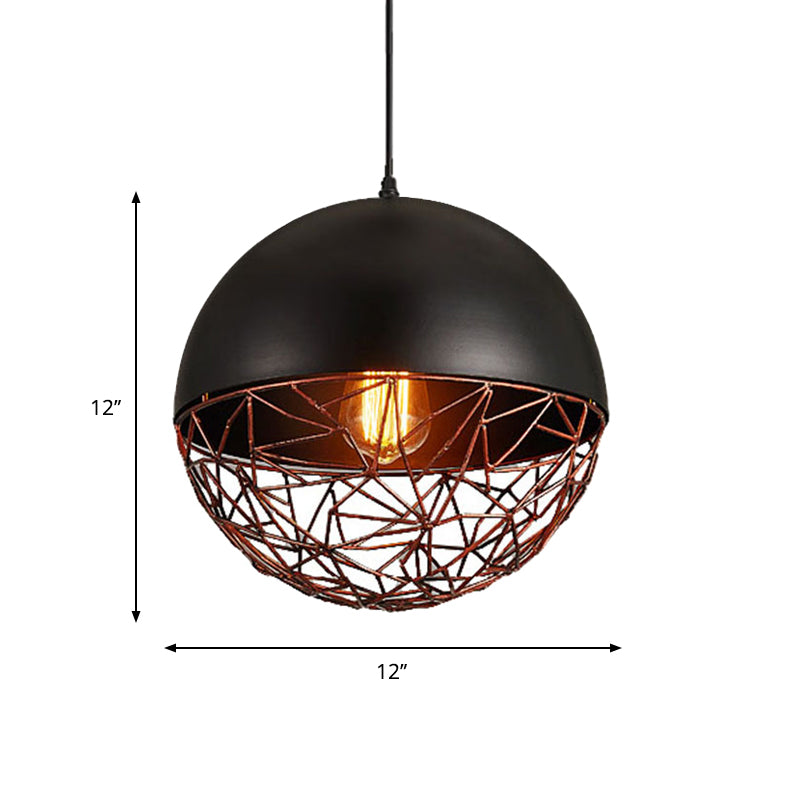 Iron Domed Hanging Ceiling Light Factory 1 Light Dining Room Down Lighting in Black with Wire Cage