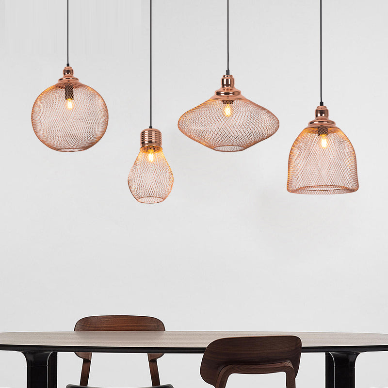 1 Bulb Globe/Dome Cage Pendant Lamp Industrial Rose Gold Finish Metal Down Lighting for Dining Room
