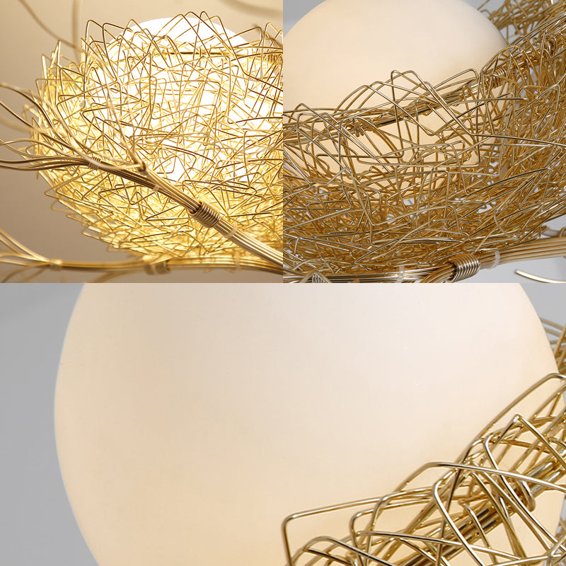 White Sphere Ceiling Chandelier Rustic 3 Lights Closed Glass Hanging Pendant Light with Gold Nest