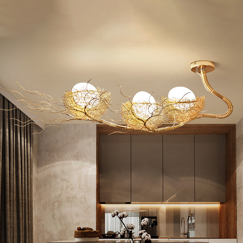 White Sphere Ceiling Chandelier Rustic 3 Lights Closed Glass Hanging Pendant Light with Gold Nest
