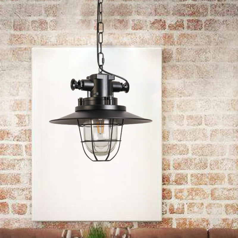 1-Head Wire Cage Pendant Light Industrial Black Metal Suspension Lamp with Clear Glass Shade