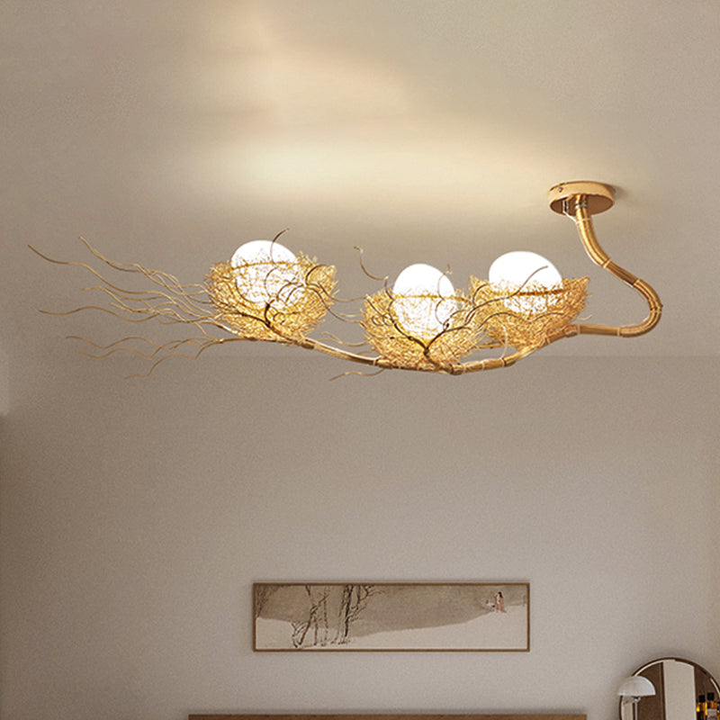White Sphere Ceiling Chandelier Rustic 3 Lights Closed Glass Hanging Pendant Light with Gold Nest
