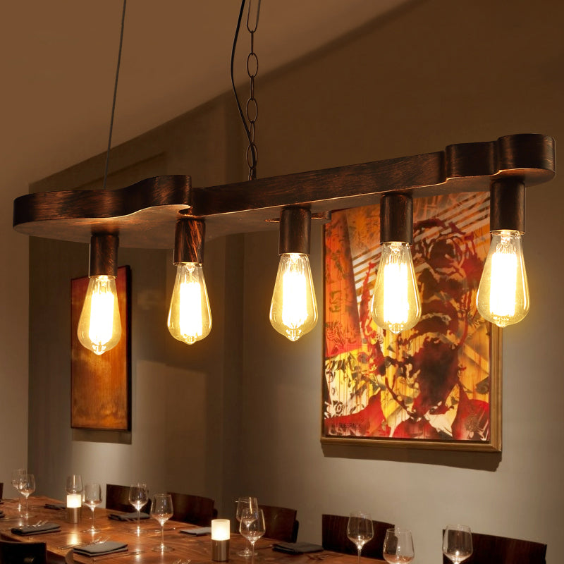 Open Bulb Dining Room Island Ceiling Light Factory Metal 5-Head Rust Finish Pendant Lamp with Guitar Shaped Beam