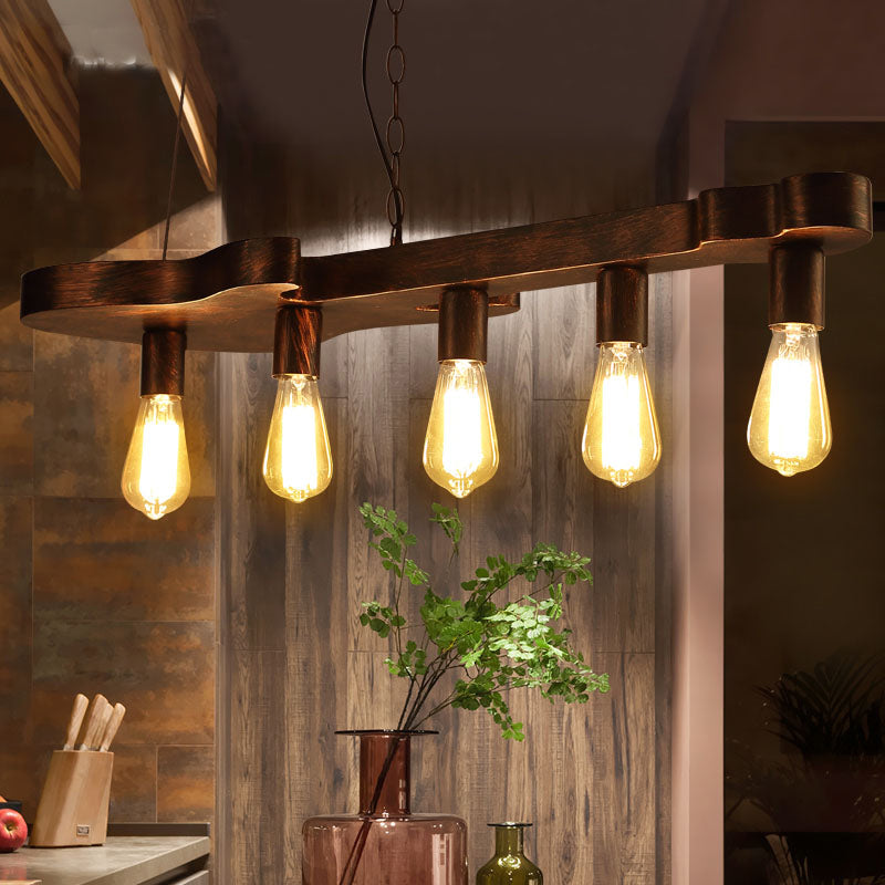 Open Bulb Dining Room Island Ceiling Light Factory Metal 5-Head Rust Finish Pendant Lamp with Guitar Shaped Beam