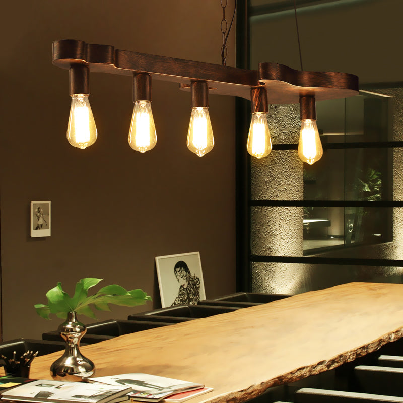 Open Bulb Dining Room Island Ceiling Light Factory Metal 5-Head Rust Finish Pendant Lamp with Guitar Shaped Beam