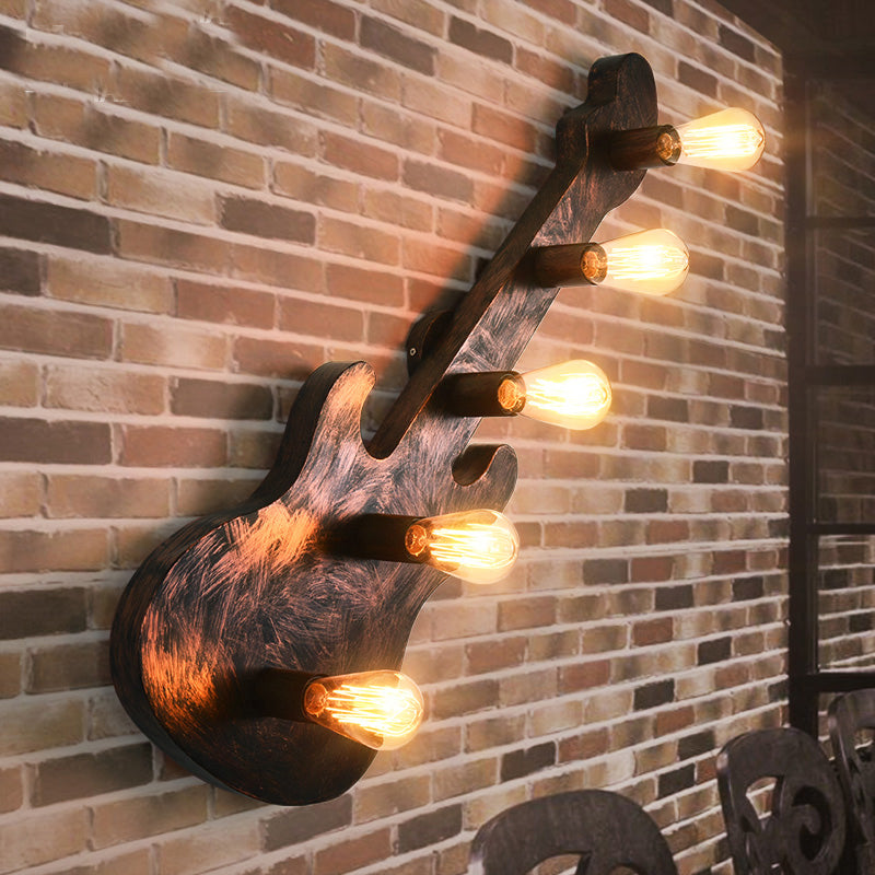 Vintage Bare Open Wall Sconce Light 5 Lights Metallic Wall Lighting in Rust with Guitar Backplate
