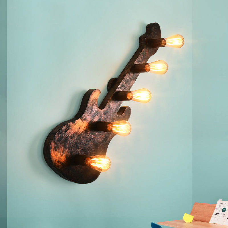Vintage Bare Open Wall Sconce Light 5 Lights Metallic Wall Lighting in Rust with Guitar Backplate