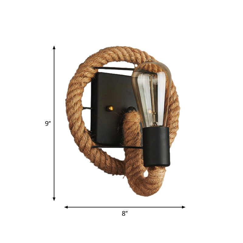 1-Head Rope Wall Sconce Loft Style Black Finish Round/Oval Corridor Metallic Wall Mount Lighting with Exposed Bulb