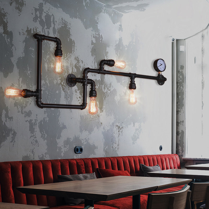 5 Heads Wall Light Fixture Warehouse Maze Metallic Sconce in Black/Rust with Open Bulb and Gauge Deco