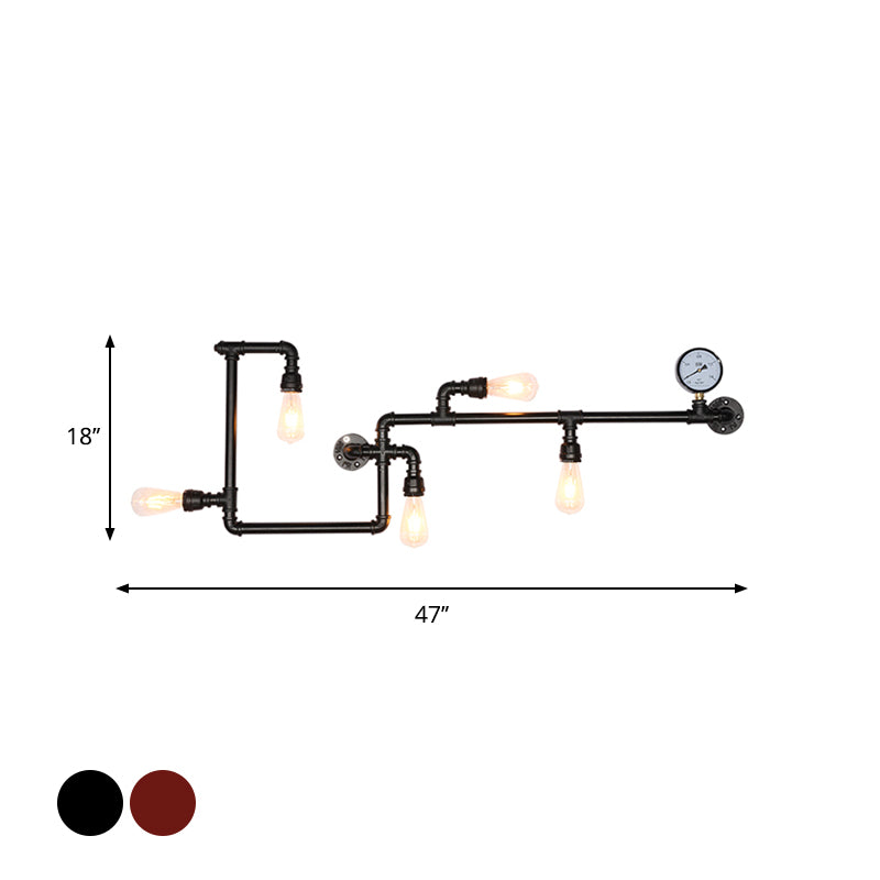 5 Heads Wall Light Fixture Warehouse Maze Metallic Sconce in Black/Rust with Open Bulb and Gauge Deco