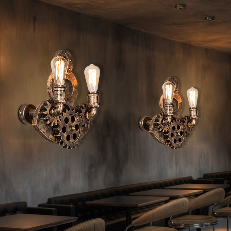 Bare Bulb Wall Lighting Ideas Vintage Metal 2 Lights Brass Wall Mount Light Fixture with Gear Deco