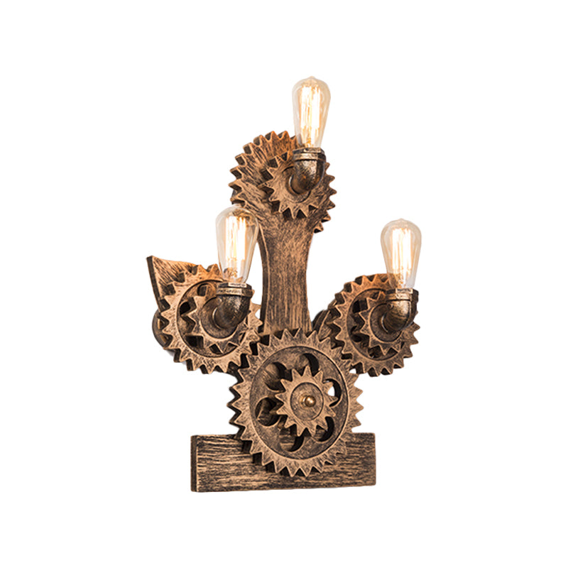 Open Bulb Metal Wall Lamp Farm 3 Heads Living Room Sconce Light in Brass with Gear and Anchor Backplate