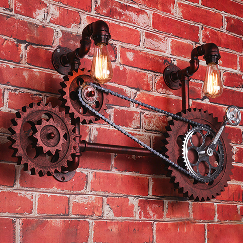 Rust Open Bulb Wall Lighting Factory Metal 2/3-Light Restaurant Sconce with Pipe and Gear Design