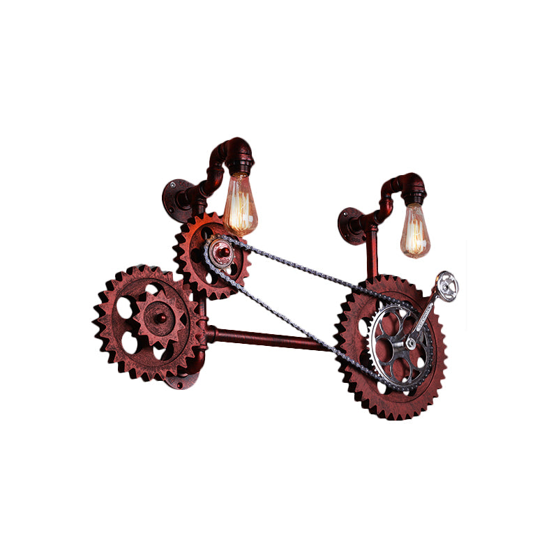 Rust Open Bulb Wall Lighting Factory Metal 2/3-Light Restaurant Sconce with Pipe and Gear Design