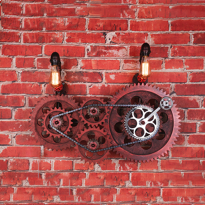 Rust Open Bulb Wall Lighting Factory Metal 2/3-Light Restaurant Sconce with Pipe and Gear Design