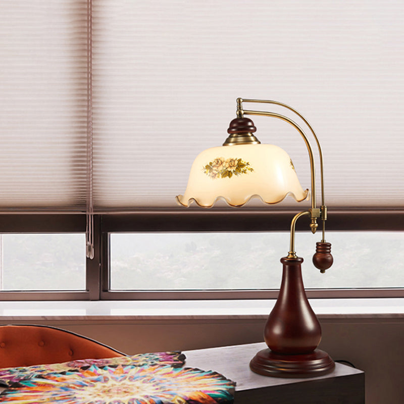 Wood Droplet Nightstand Light American 1-Bulb Bedroom Desk Lamp in Red Brown with Glass Shade