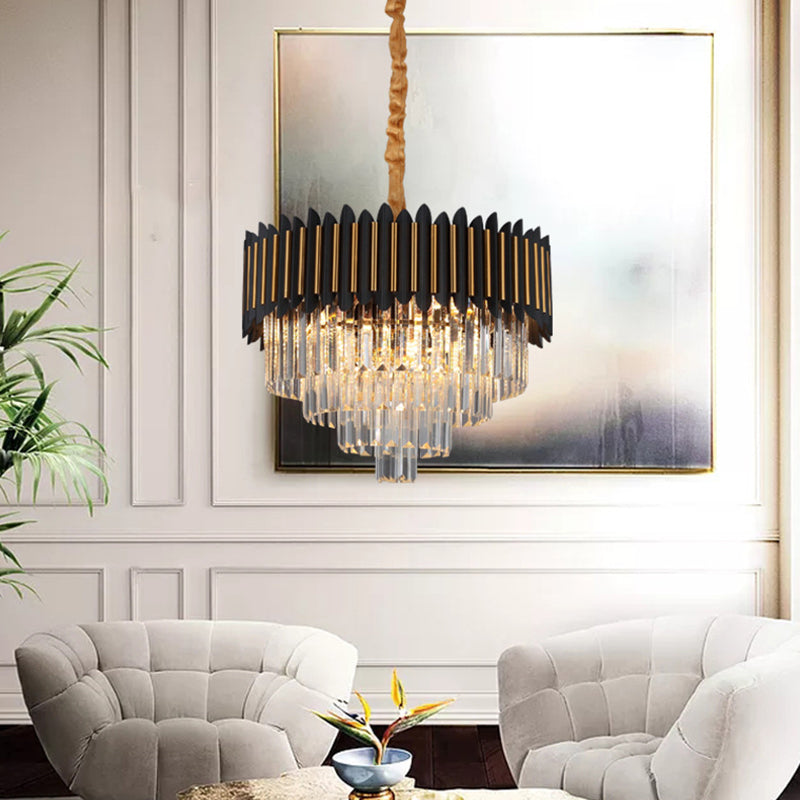 Simplicity 6/12-Bulb Hanging Chandelier Black and Gold Conic Pendant Light Fixture with Clear Crystal Block Shade