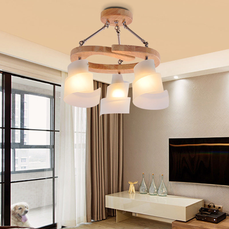 3/5 Bulbs Spiral Chandelier Nordic Frosted Glass Hanging Pendant Light with Wood Circle Shade