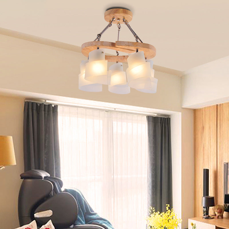 3/5 Bulbs Spiral Chandelier Nordic Frosted Glass Hanging Pendant Light with Wood Circle Shade