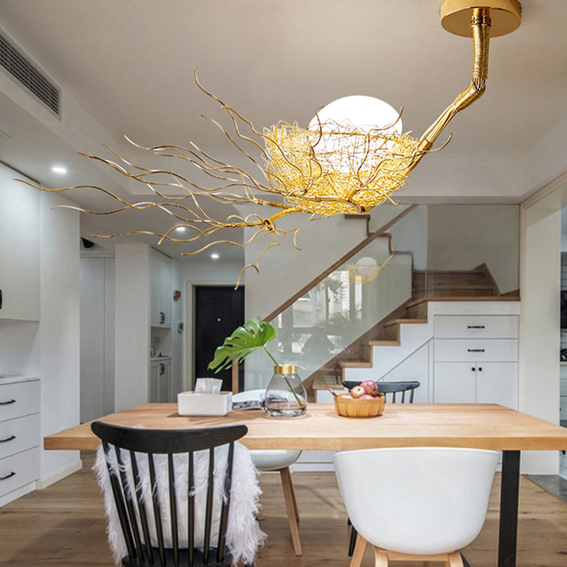 1/2/3 Lights Living Room Chandelier Artistry Golden Pendant Light Fixture with Egg Matte White Glass Shade