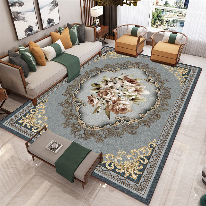 Classic Peony Patterned Rug Multi-Colored Polypropylene Rug Stain Resistant Non-Slip Backing Machine Washable Rug for Sitting Room