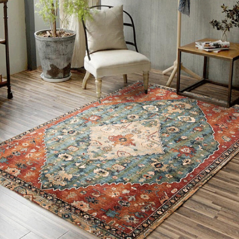 Multi-Color Traditional Rug Polyester Floral Print Rug Stain Resistant Non-Slip Backing Pet Friendly Rug for Guest Room